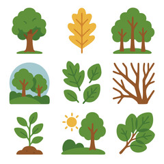 Obraz premium Oak tree vector illustrations mix with diverse foliage icons on a white backdrop. Suitable for naturethemed designs and environmental projects.