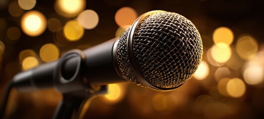 Obraz premium The microphone ready for an expressive performance with bokeh lights.