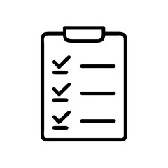Illustration of a clipboard with three checkmarks and three horizontal lines in black outline style