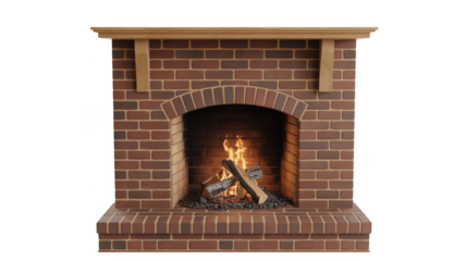 Rustic brick fireplace with glowing fire isolated on transparent background