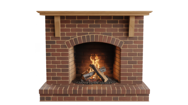 Rustic brick fireplace with glowing fire isolated on transparent background