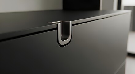 Close-up view of a sleek, dark cabinet with a metallic handle detail, showcasing minimalist design.