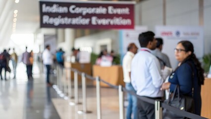 Fototapeta premium Indian corporate event registration zone — subtle background blur of arriving guests 