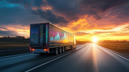 Semi-truck driving on highway at sunset, displaying financial graphs on its trailer.