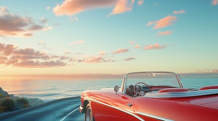 A classic red convertible car drives along a scenic coastal road at sunset, with the ocean stretching endlessly under a sky