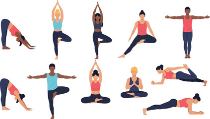 Diverse group of people demonstrating various yoga poses on a white background in vector illustration