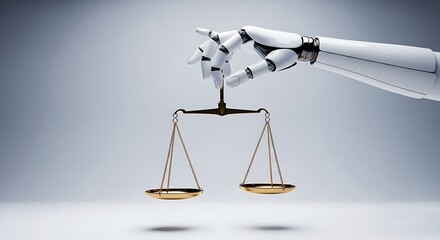 A robot hand holding scales, symbolizing artificial intelligence and justice system