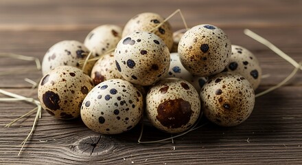 Obraz premium Pile of speckled quail eggs on a rustic wooden surface creating a natural and healthy food background