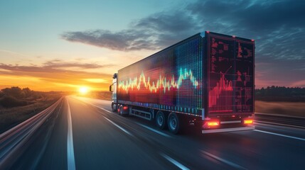 Semi-truck with data visualizations on its trailer driving on a highway at sunset.