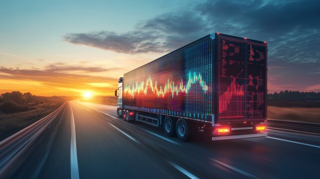 Semi-truck with data visualizations on its trailer driving on a highway at sunset.