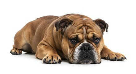 Fototapeta premium English bulldog relaxing with a grumpy yet lovable expression on white background
