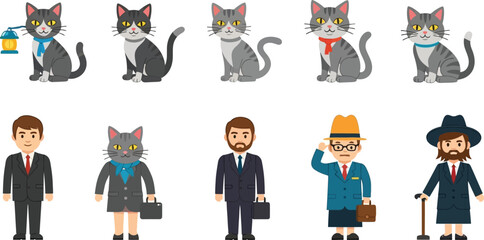 Cartoon cats and people in business attire standing on a white background in a vector illustration