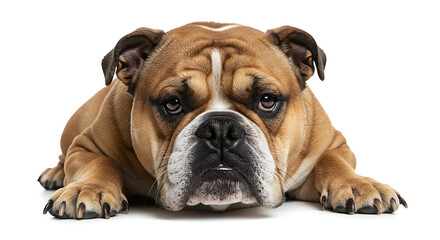 Obraz premium English bulldog relaxing with a grumpy yet lovable expression on white background