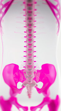 human spine with pink glowing hip and shoulder bones, on white background, medical illustration style, vector graphics, 3D rendering, high resolution, professional studio lighting