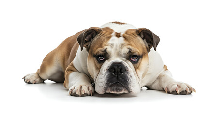Fototapeta premium English bulldog relaxing with a grumpy yet lovable expression on white background