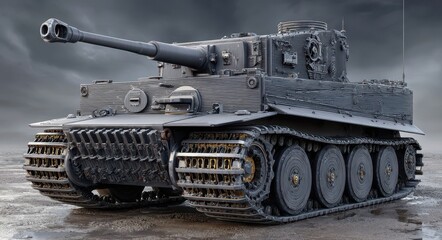 German Heavy Tank Track: 3D Illustration of a Steel Grey Tiger Tank with Turret and Armoring