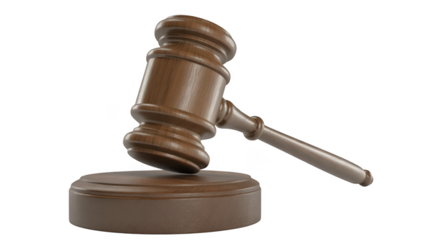 Wooden gavel and sounding block isolated on transparent background