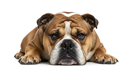Fototapeta premium English bulldog relaxing with a grumpy yet lovable expression on white background
