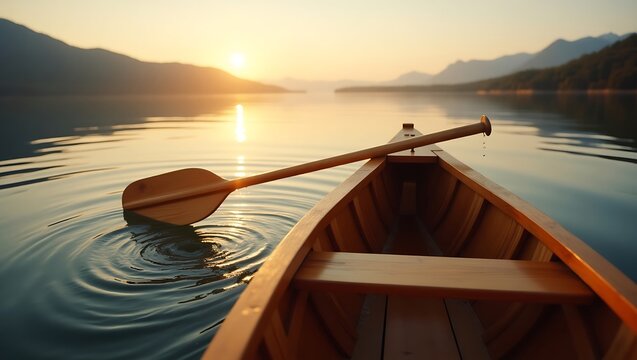 Experience the tranquility of kayaking on a serene lake at sunset with a wooden canoe and paddle view