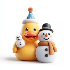 Cheerful winter celebration with a rubber duck and snowman surrounded by festive decorations