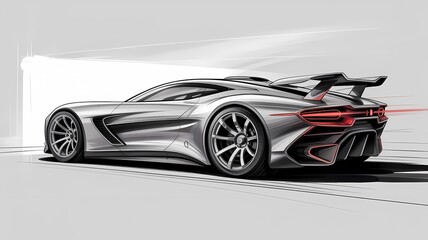 Futuristic Concept Car Sketch: Grayscale Elegance with Striking Red Accents