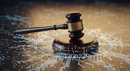 Cyber law concept with gavel resting on a digital circuit board background