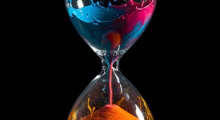 Creative Hourglass with Dripping Paint, a Still Life of an Hourglass Where Red and Blue Paint is Flowing Instead of Sand, with a Dark, Textured Background and Subtle Sparks