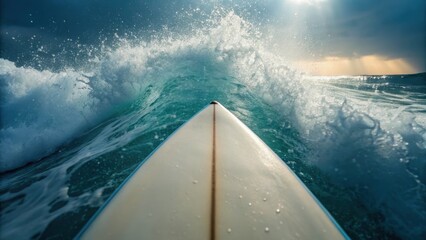Surfboard cutting through waves beneath a dramatic sky, capturing the thrill of surfing and the energy of the ocean.