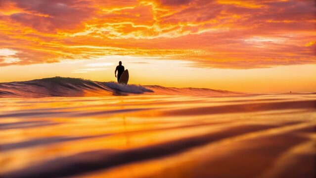 A surfer rides a wave at sunset, with vibrant orange and purple hues filling the sky and reflecting on the water's surface.