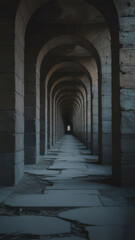 Obraz premium Long stone tunnel with arches and perspective leading to a distant light
