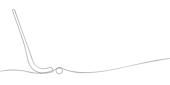Single bandy stick and ball drawn in continuous line style on white background. Minimalist vector outline illustration. Winter sport equipment and ice hockey concept for design and print.