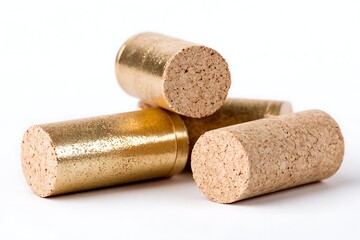 Group of Four Wine Corks, Some Covered in Gold, on White Background