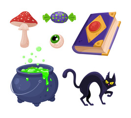A set of cartoon Halloween elements: boiling cauldron, magic spell book, black cat, creepy eye, candy and fly agaric. Perfect for seasonal designs, kids party invitations, stickers and holiday prints.