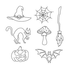 A set of Halloween icons with a black outline in doodle style. Includes a witch hat, spider web, broom, evil cat, pumpkin, bat and mushroom. Great for coloring pages and educational materials.