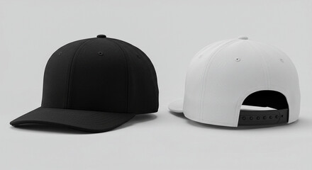 Fototapeta premium A pair of caps, one black and one white, are shown from the front and back against a light grey background