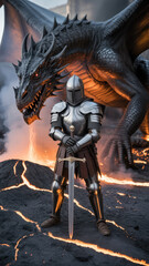 A knight in shining armor stands guard before a formidable dragon