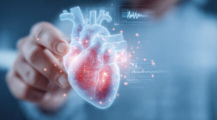 A virtual holographic heart is displayed floating with glowing highlights.