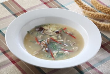Velvet shank mushroom egg soup with soft texture and immune-boosting protein. A work by Master Chef Hanshunseop. Photographed in Korea.