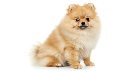 Obraz premium Adorable Pomeranian dog sitting in fluffy pose on pure white background