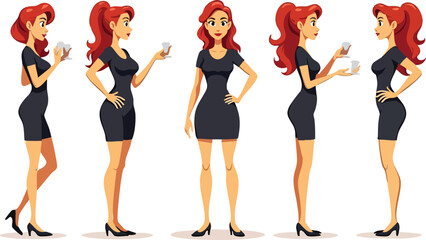 Cartoon Woman in Black Dress Character Turnaround