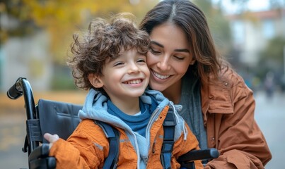 Happy disabled child in a wheelchair with a carer. Mother caring for her handicapped son. Inclusion and diversity at school, Generative AI