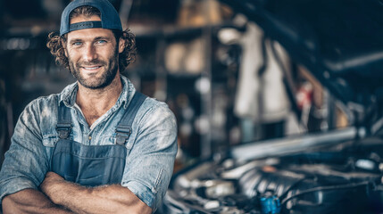 Expert car mechanic working diligently in the garage with tools ready for action and a welcoming smile