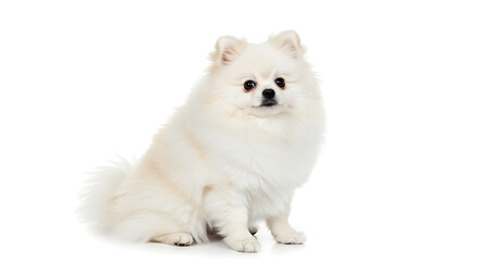 Obraz premium Adorable Pomeranian dog sitting in fluffy pose on pure white background