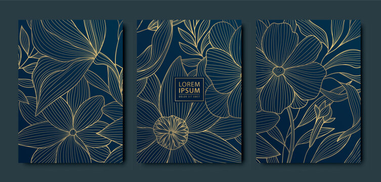 Vector set of fantasy flowers, line golden on blue luxury floral covers, botanical romantic ornament. Tropical vintage wedding spring posters, foliage japanese banners