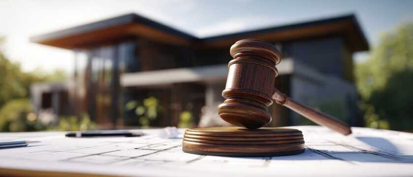 The gavel symbolizes justice amidst a contemporary architectural landscape