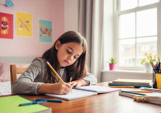 Diligent young girl sitting at a desk in her bedroom, concentrating on writing her homework in a notebook by the window.