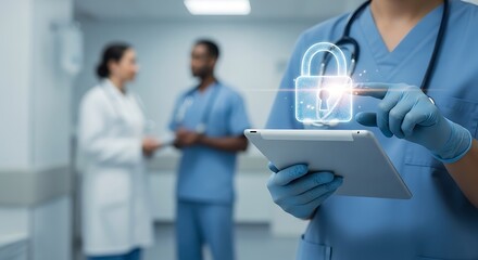 Healthcare professional using tablet with data security concept in hospital