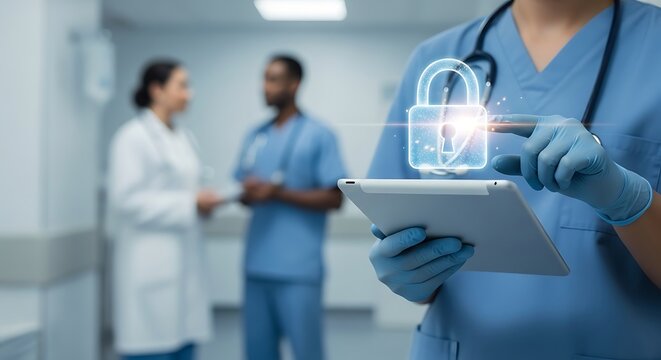 Healthcare professional using tablet with data security concept in hospital