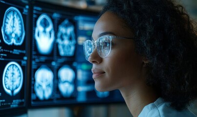 Side profile of a mixed-race female data scientist analyzing artificial intelligence information on screen with AI and machine learning to extract strategic predictions for business, Generative AI