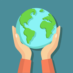 Human hands holding the Earth globe, a concept of environmental care, conservation, and global responsibility.